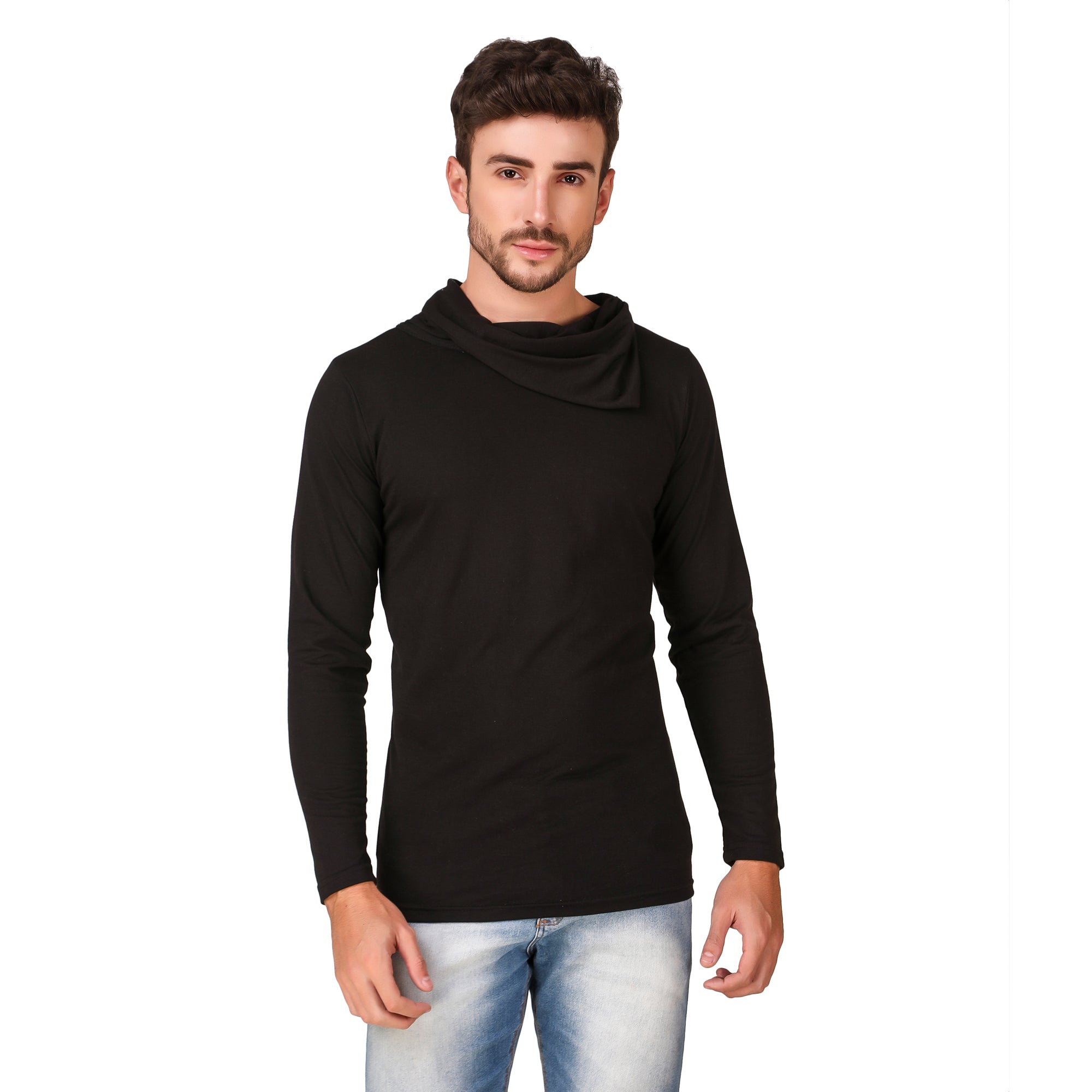 Men’s Black Cowl Neck Full Sleeve Tee – Signature Athletic Slim Fit