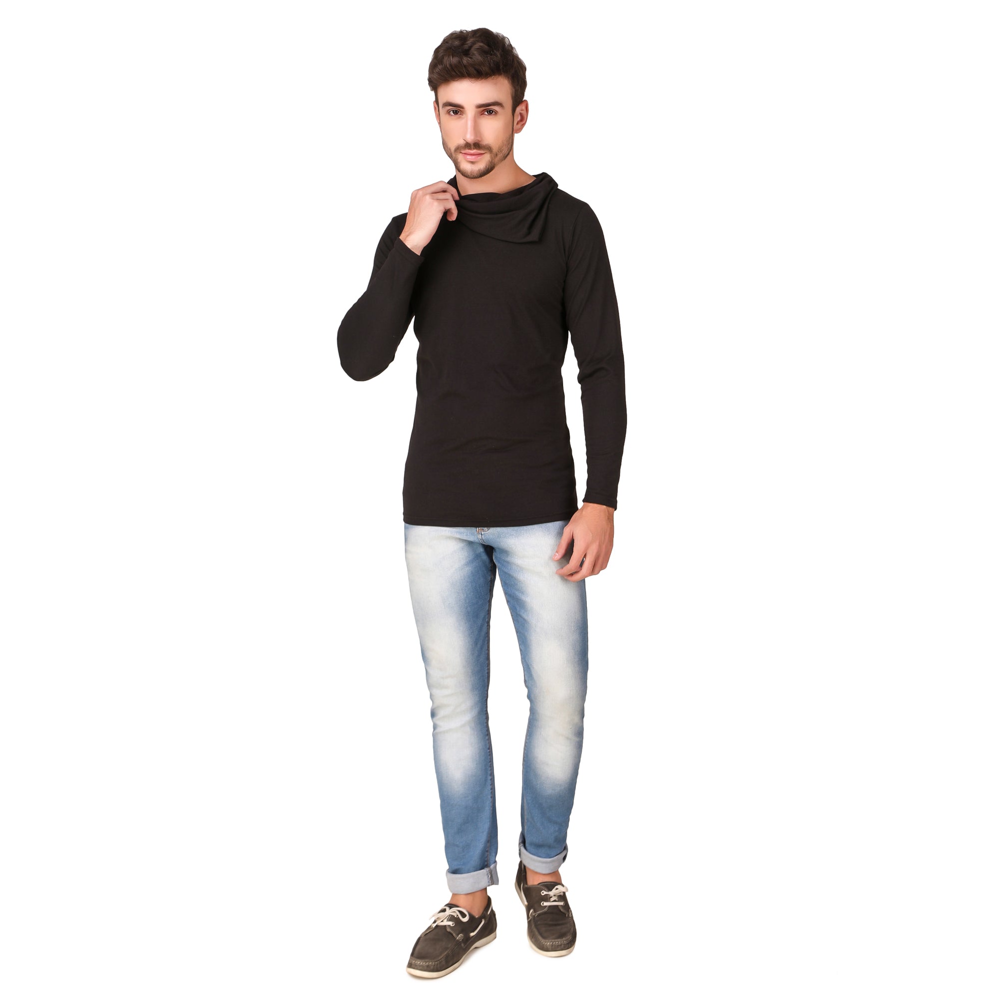 Men’s Black Cowl Neck Full Sleeve Tee – Signature Athletic Slim Fit