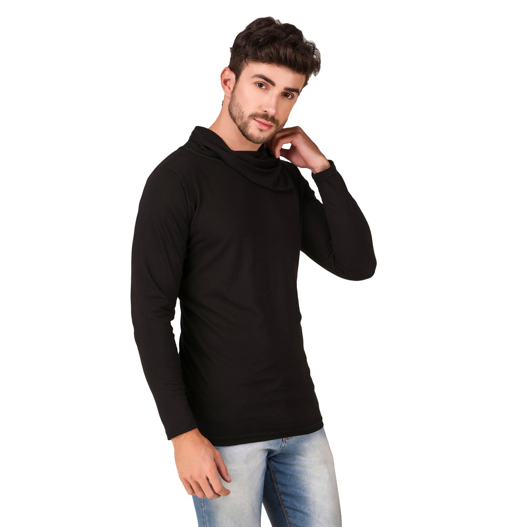 Men’s Black Cowl Neck Full Sleeve Tee – Signature Athletic Slim Fit